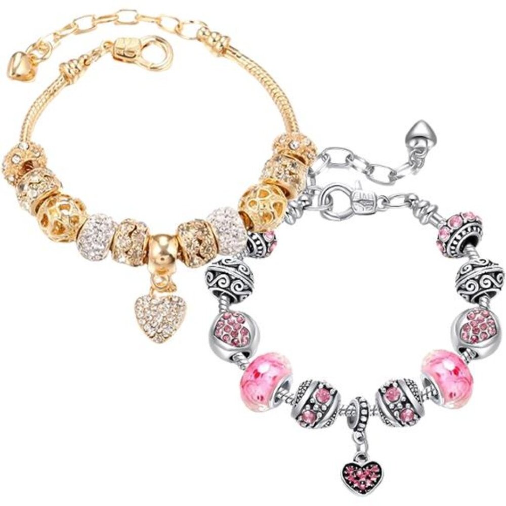 2 Pack Charm Bracelets Pink And Gold Heart Silver Plated Charm Bracelet